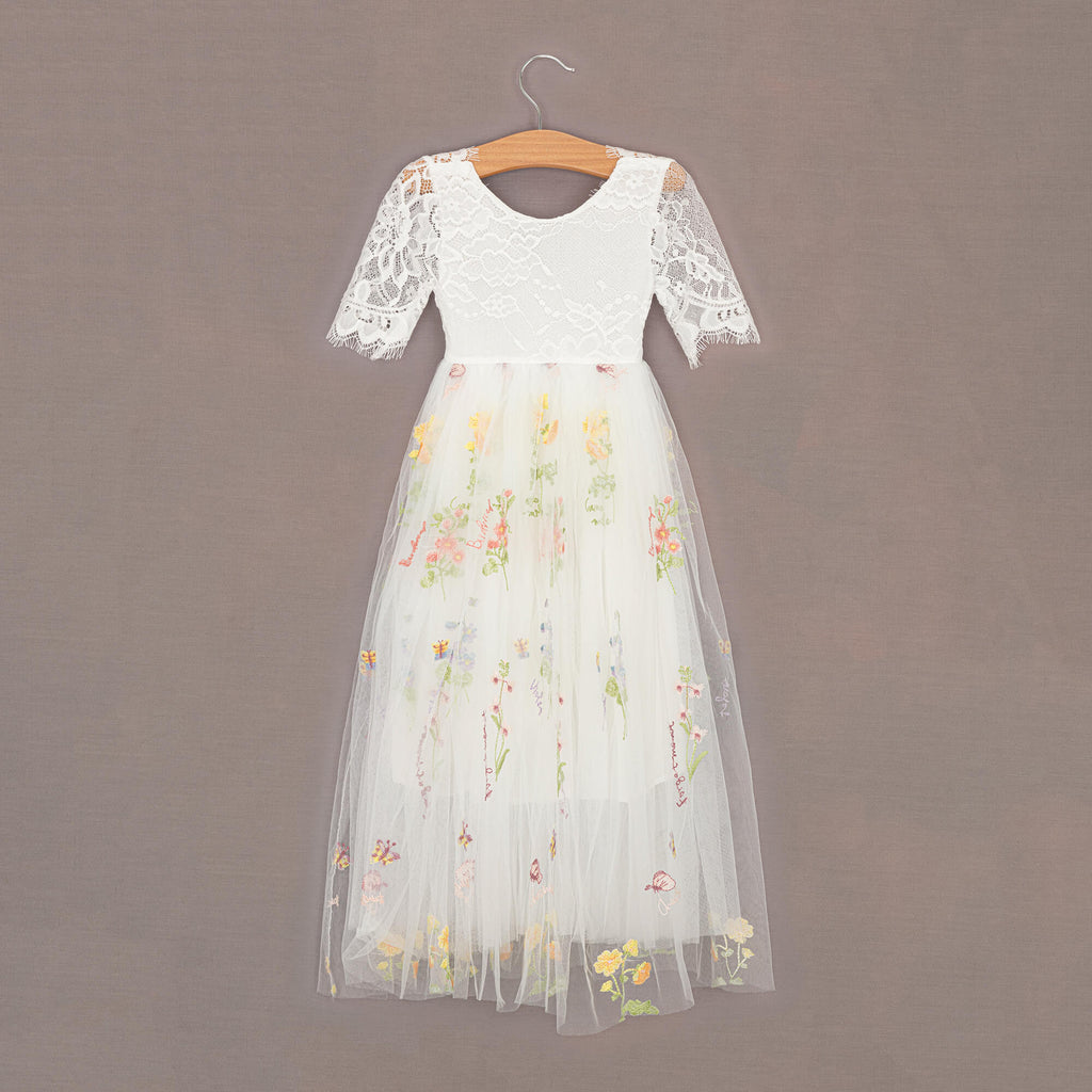 White lace and tulle flower girl dress