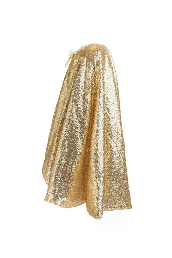 Side view of gold sequin cape