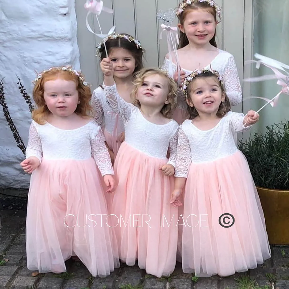 Little girls wearing Bohemian Classic Long Sleeve Dresses  in blush