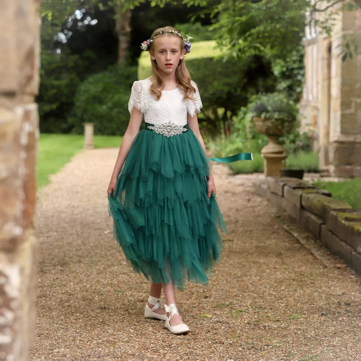 model wearing flower girl dress