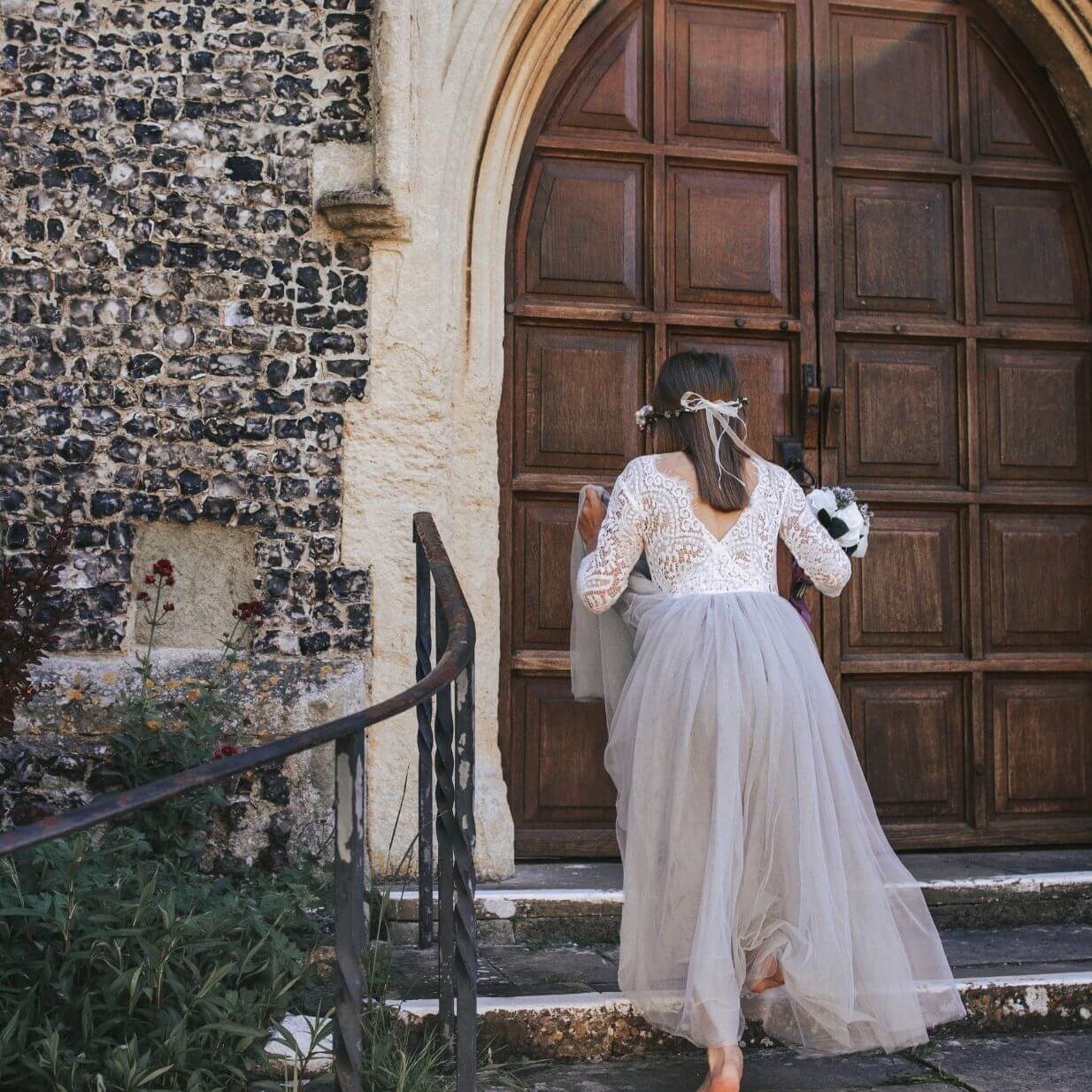 Flower girl arriving at church door
