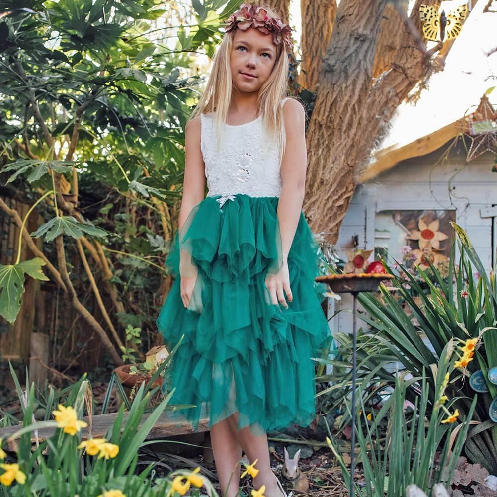 Boho Dreams Dress - Hunter Green Applique - UK Flower Girl Boutique