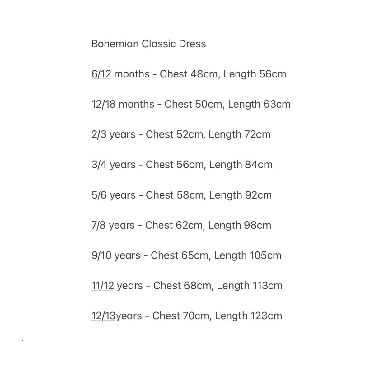 Size Chart Classic Bohemian