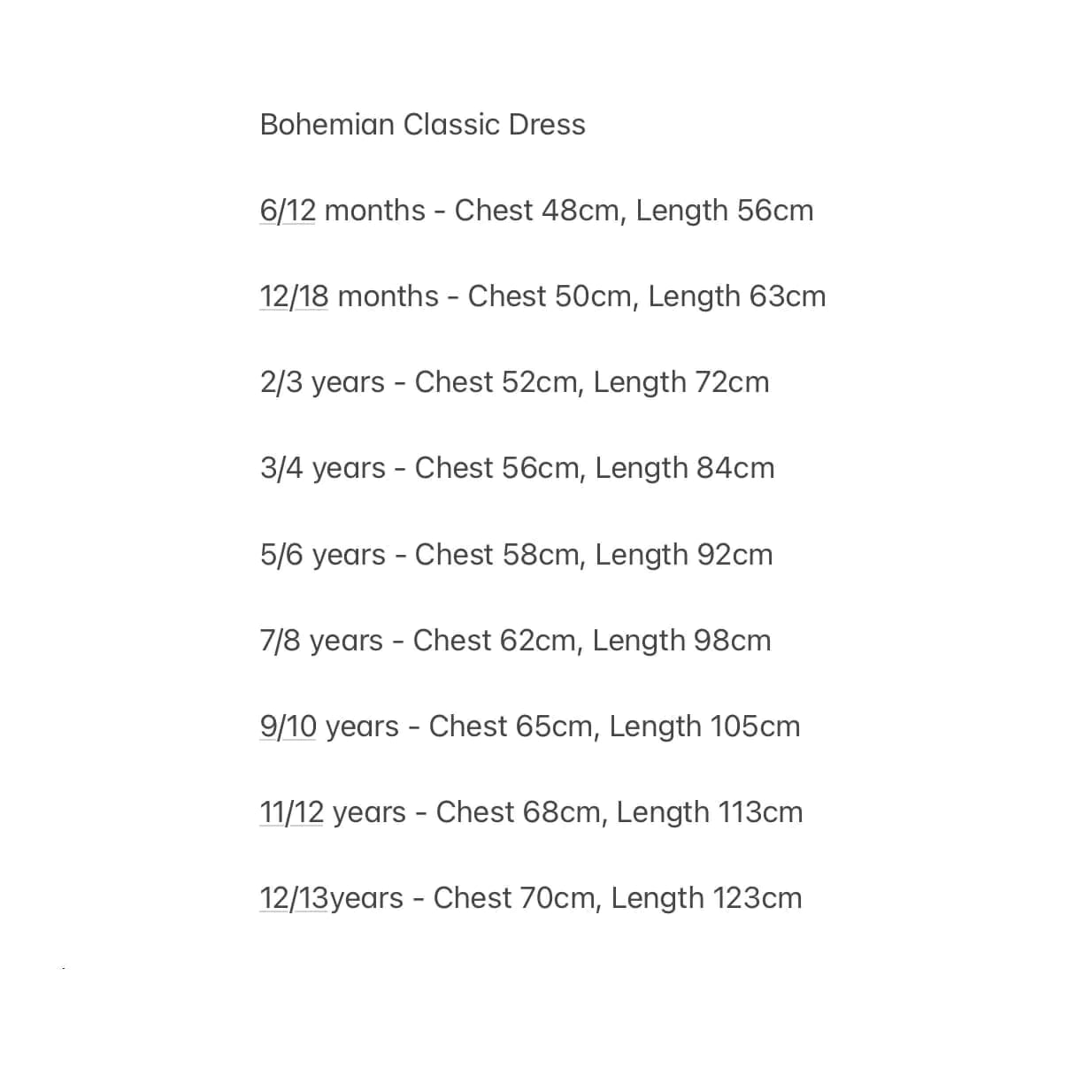 Size Chart Classic Bohemian