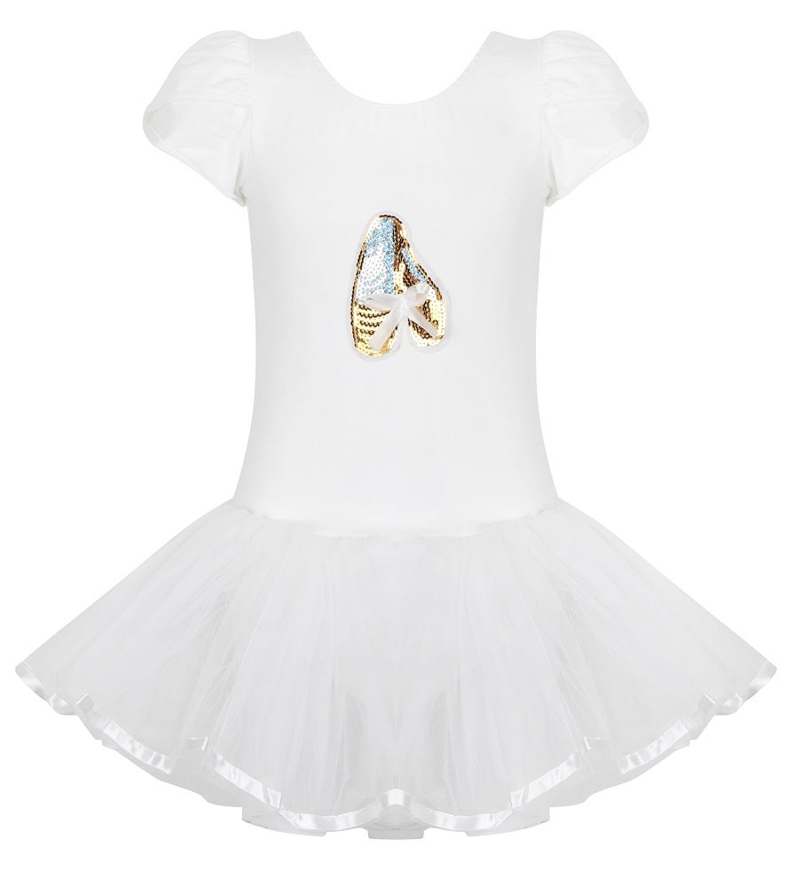 white ballerina leotard, with three layer tulle tutu attached