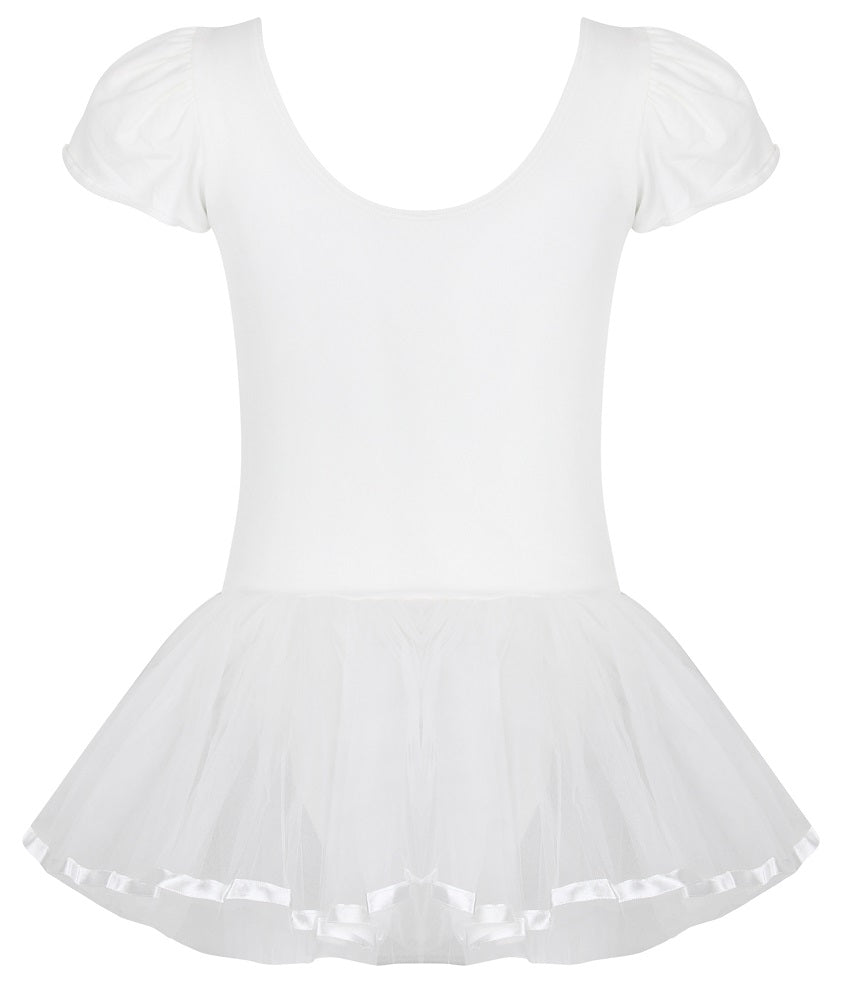 white ballerina leotard, with three layer tulle tutu attached