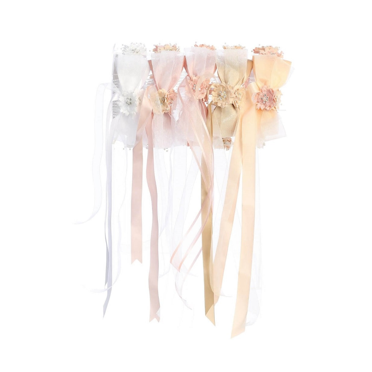 back view of row of fabric flower garlands with ribbon bow and trailing ribbons