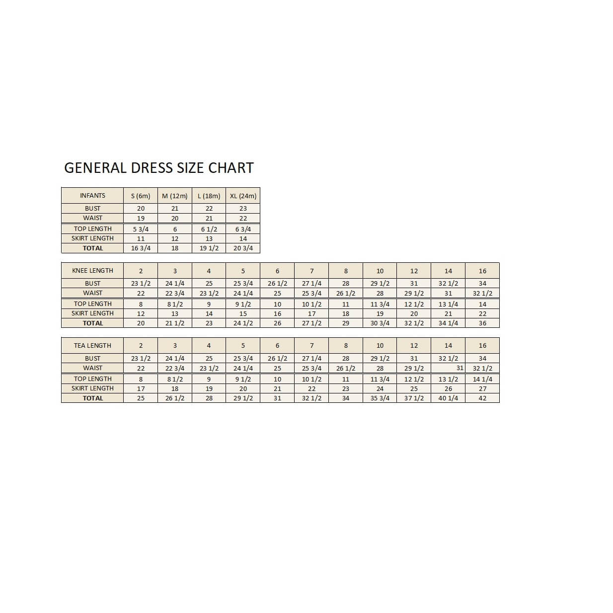 Size Chart for Lily-May Dress