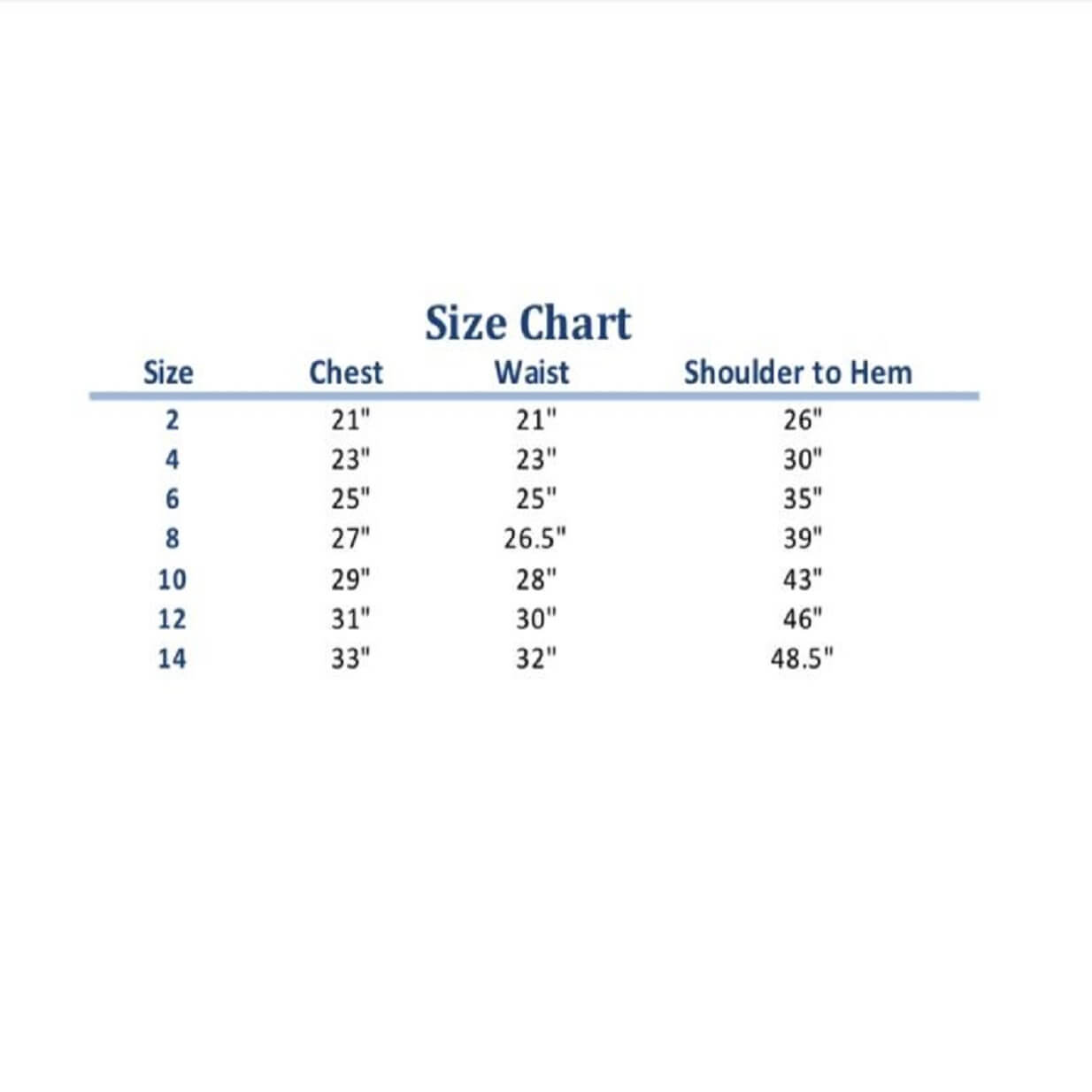 Jasmine Size Chart
