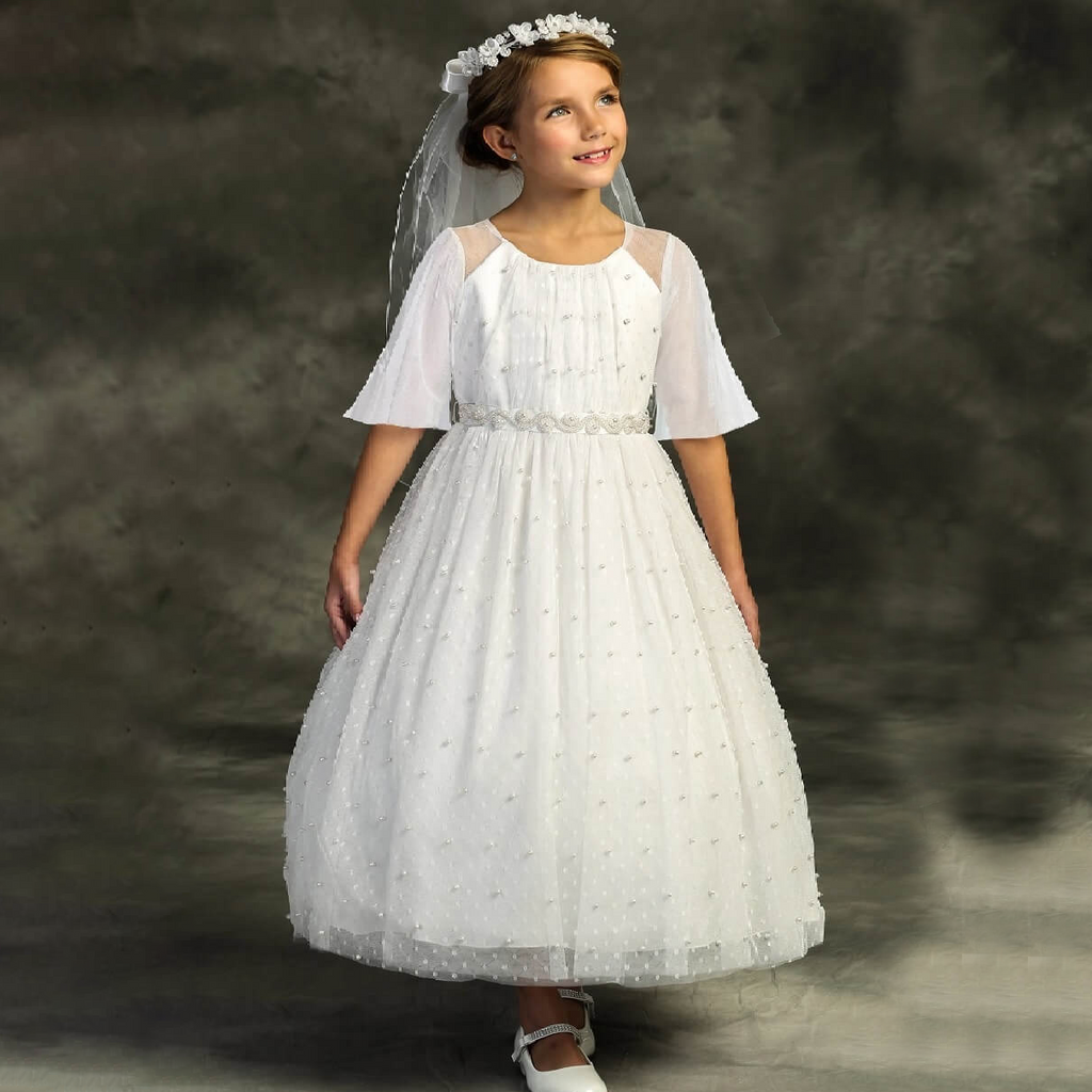 Girl wearing Maire White Butterfly Sleeve Girls Dress