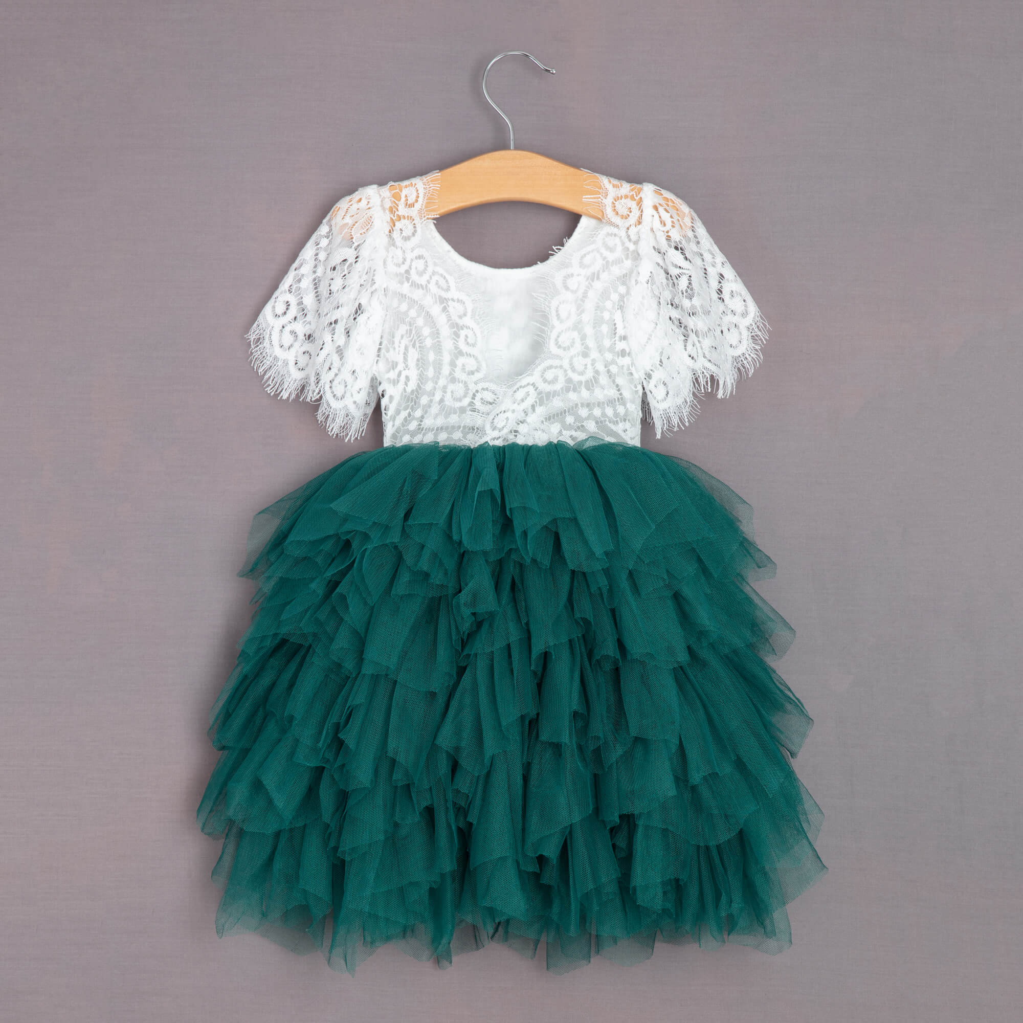 Rear of Hunter Green Princess Flutter Dress