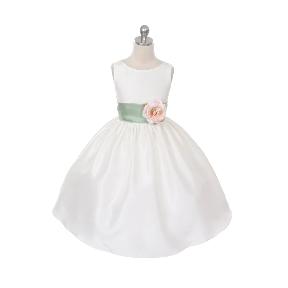 Morgan - Bridal Ivory or White - Sage Green Sash and Flower