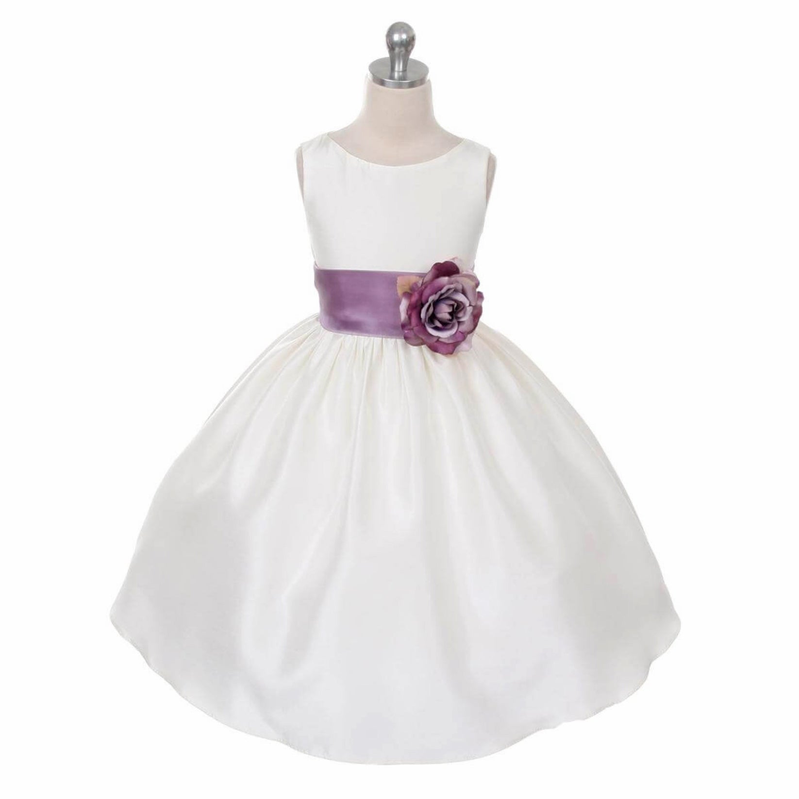 Morgan dress in white with purple sash on mannequin