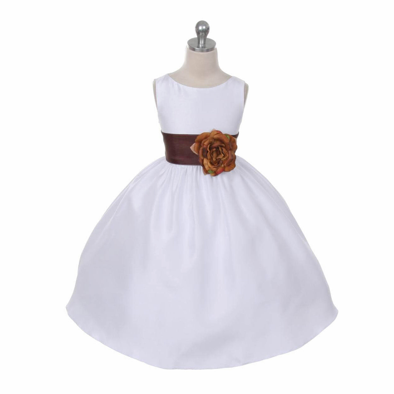Morgan dress in white with brown sash on mannequin