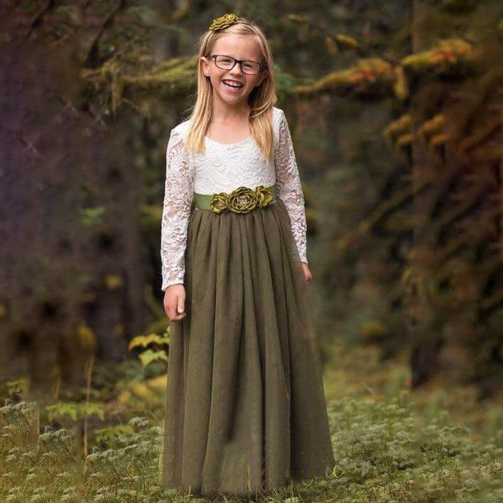 Girls Olive green Bohemian Classic Long Sleeve Dress 