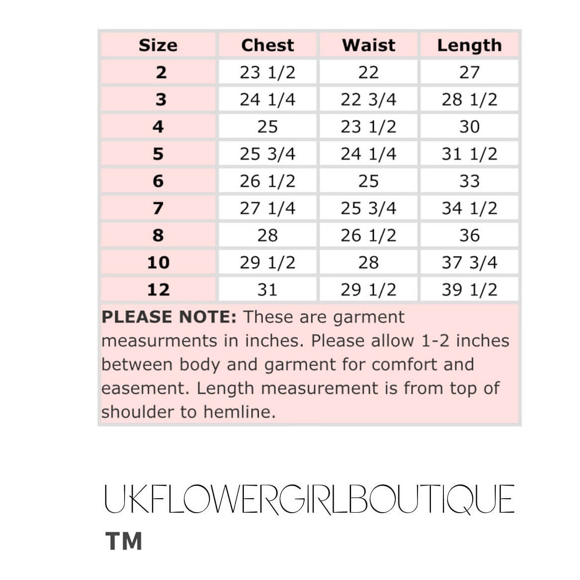 UK Flower Girl Boutique Morgan Dress size chart