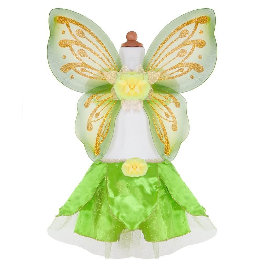 Green fairy wings with gold glitter pattern with green satin petal tutu skirt