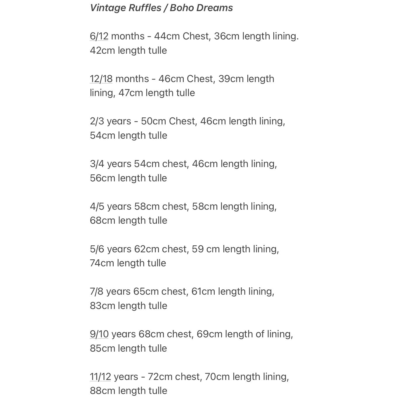 Boho Dreams dress size guide