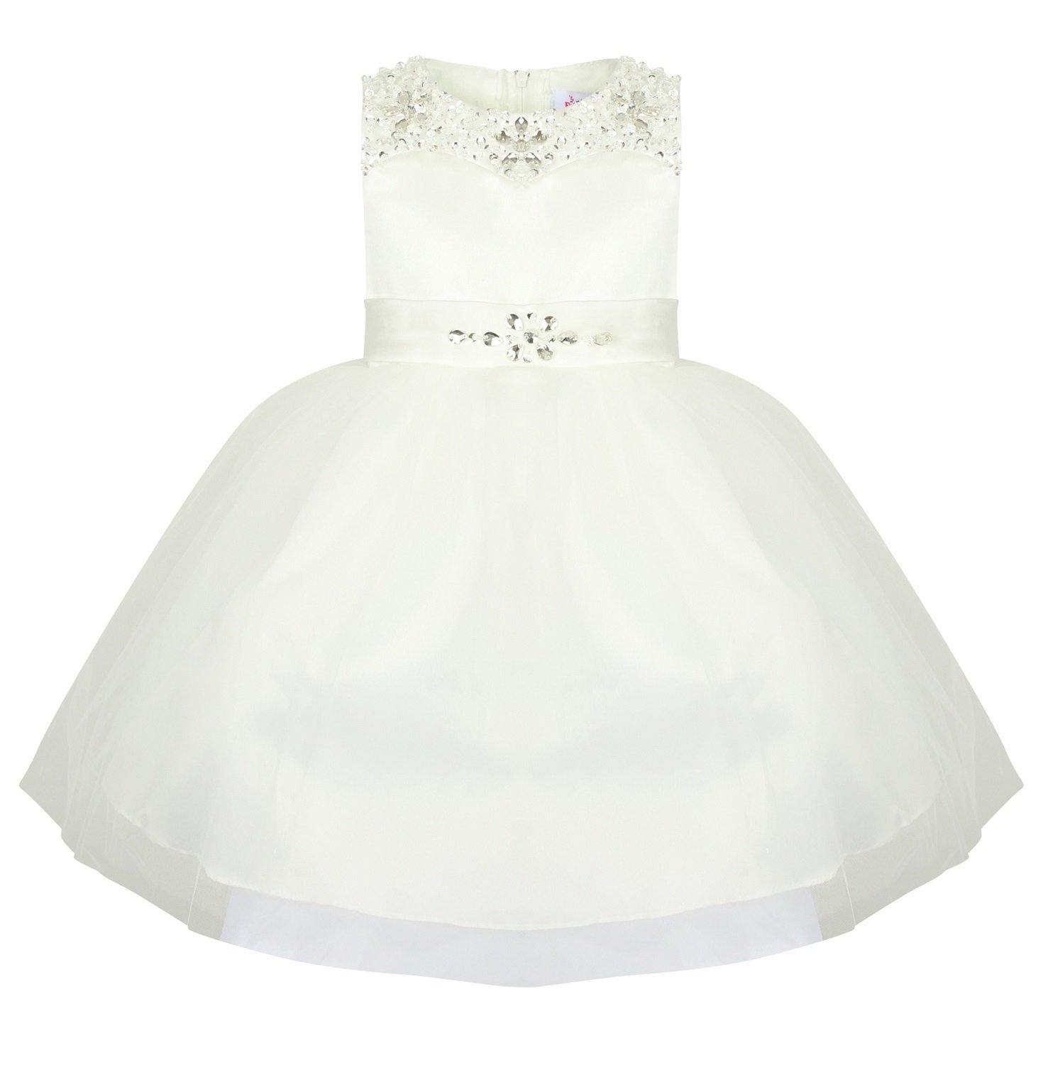 Girls white satin dress with diamonte trim