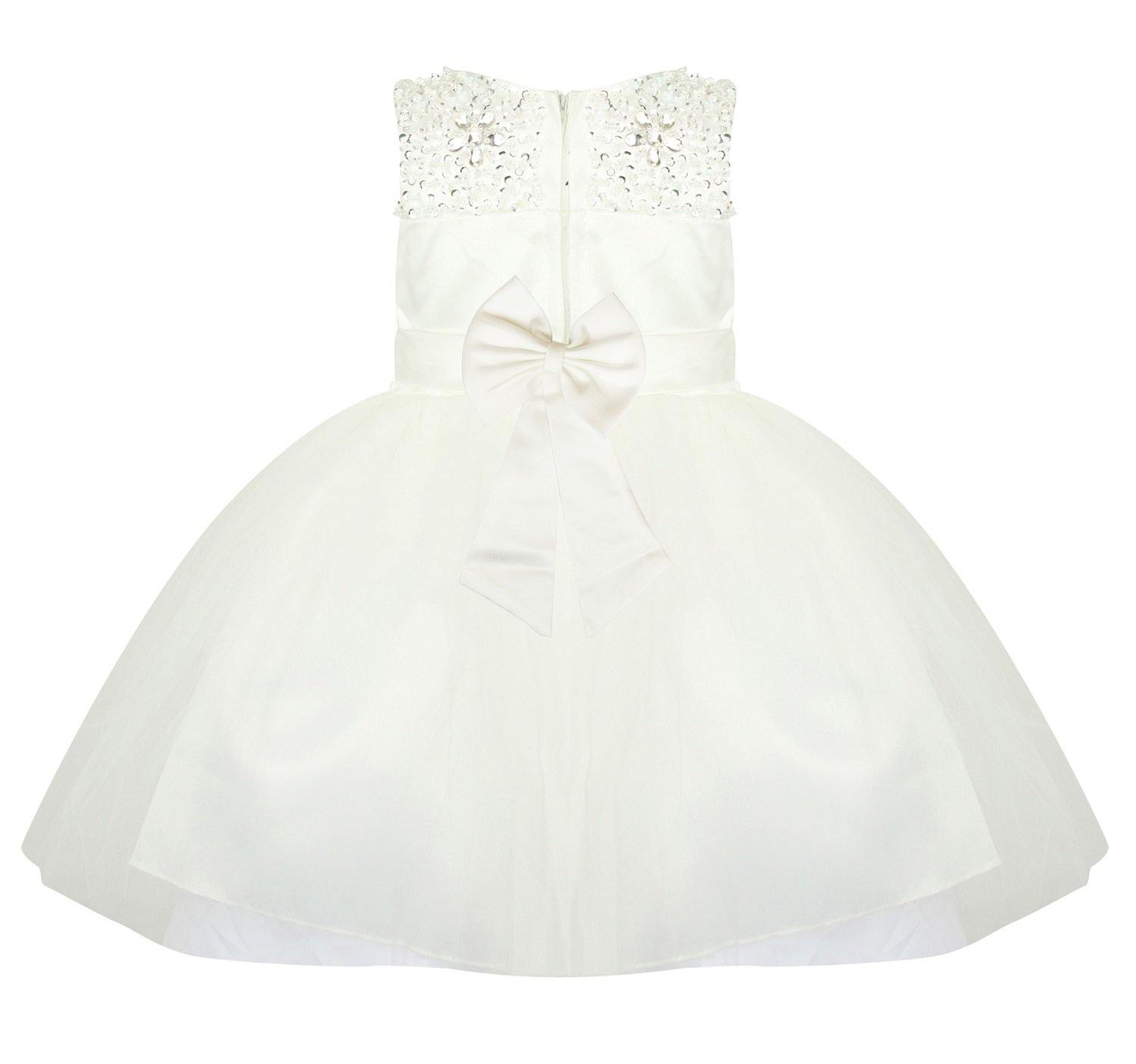 Girls white satin dress with diamonte trim