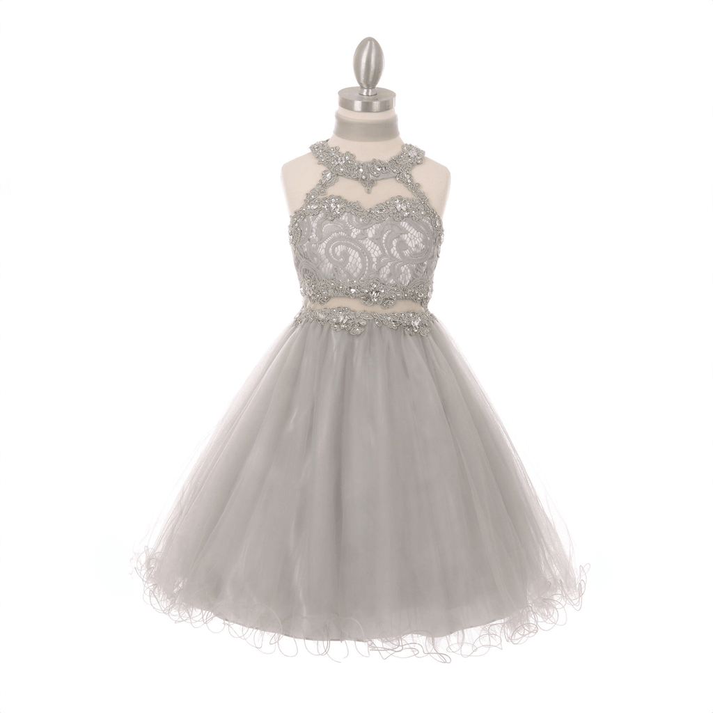 silver coloured beaded halter neck dress from The Fairy Princess Shop