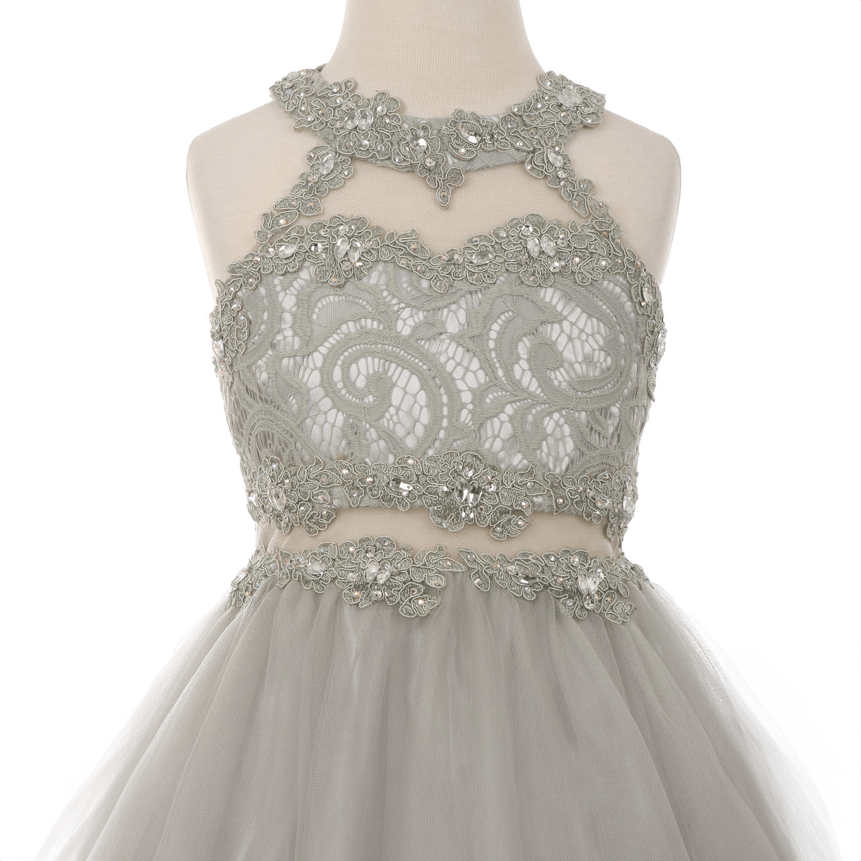 silver coloured beaded halter neck dress from The Fairy Princess Shop