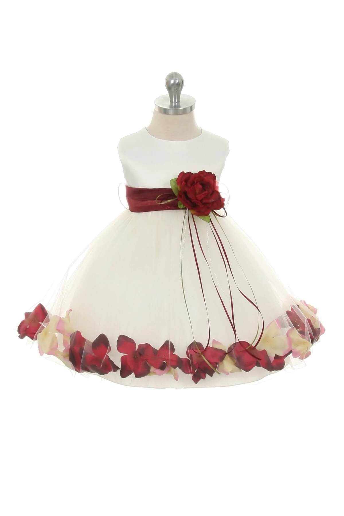 petal dress with sash in burgundy