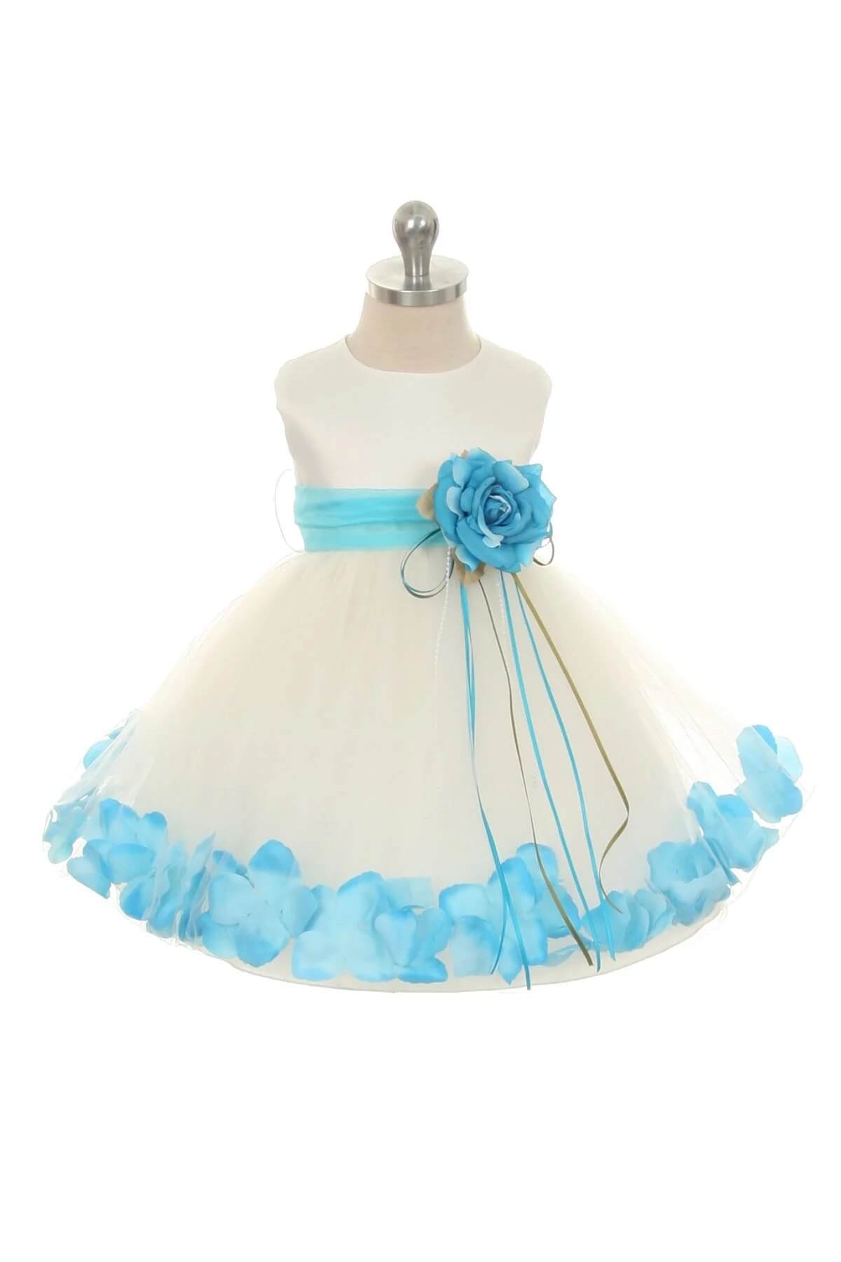 petal dress with sash in aqua