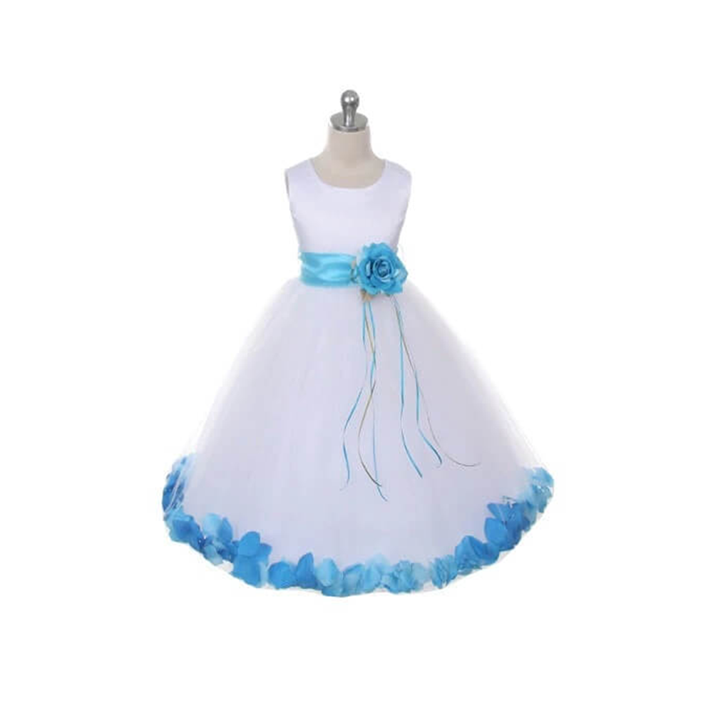 White flower girls dress with aqua petals and sash