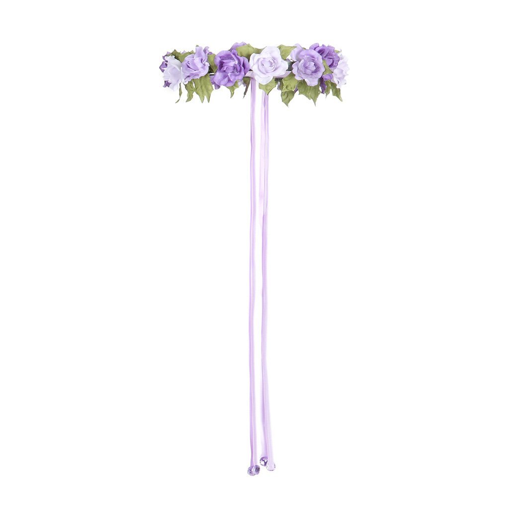 lilac rose flowered head garland with hanging lilac ribbons