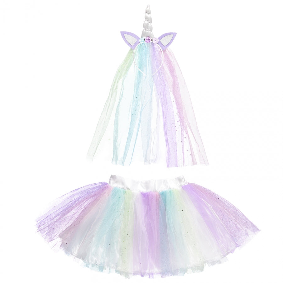 Pastel coloured glittered layers of tulle and feature unicorn horn headband dress up set