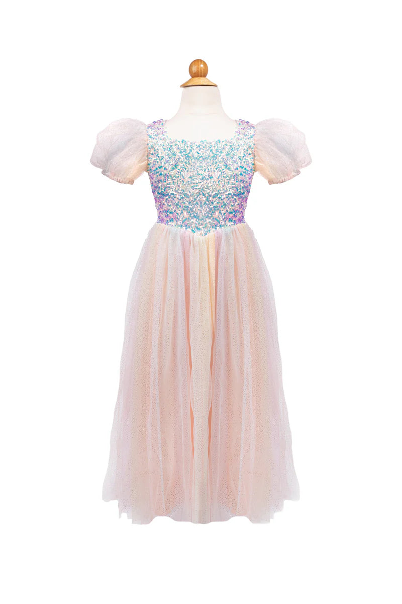 Pink dress with sequin top on a mannequin against a white background