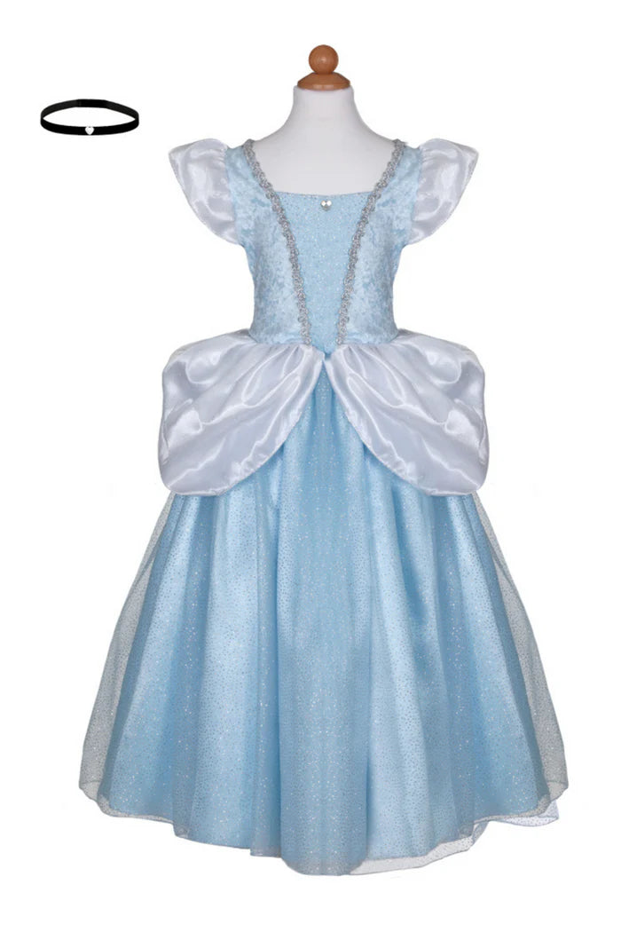 Light blue dress with white accents on a mannequin against a white background