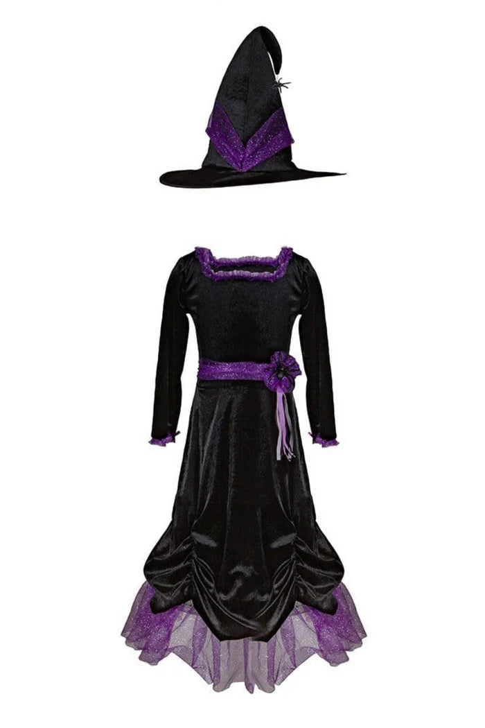 A children's witch costume set consisting of a long black dress with purple trim, a purple waist sash, and a matching pointed black witch hat with purple trim, shown against a plain white background.