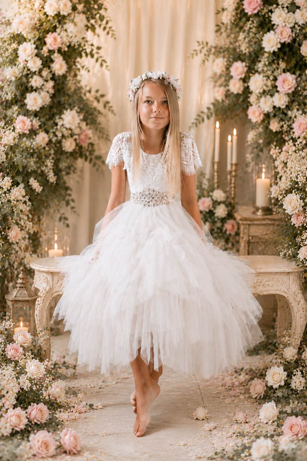 A young girl stands barefoot in a white lace and tulle flower girl dress, surrounded by a floral arch and candles.