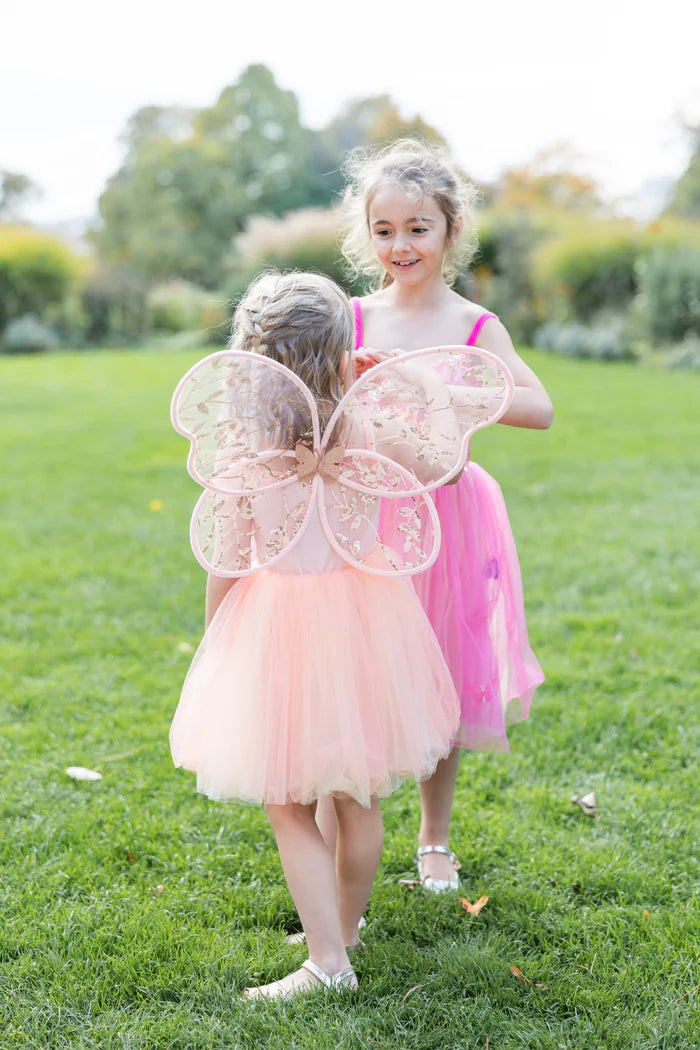 Two children in fairy costumes standing on grass with trees in the background