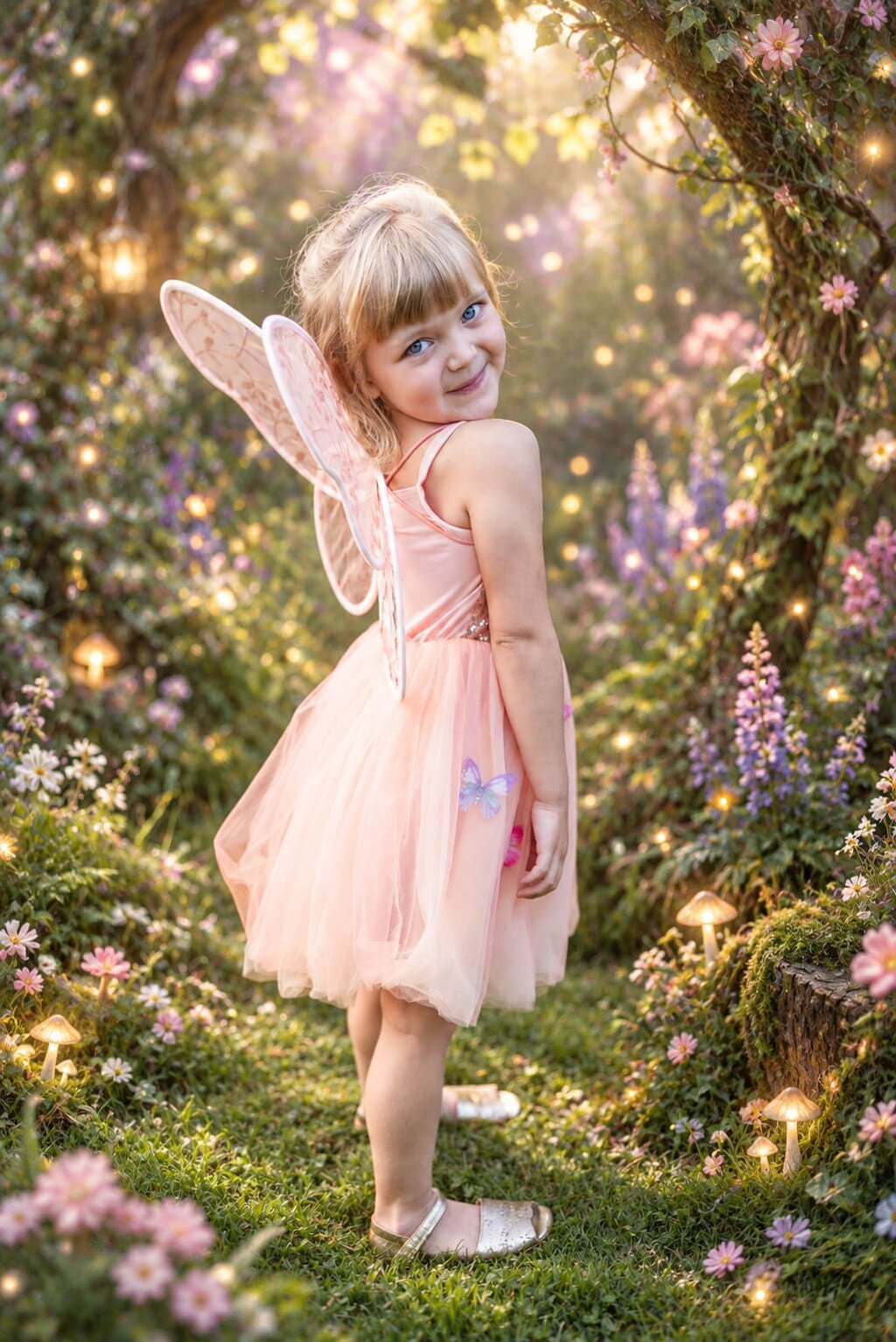 A young girl with blonde hair and blue eyes stands in a magical, sunlit garden wearing a light pink fairy costume dress with translucent wings. The background is filled with glowing fairy lights, green foliage, purple flowers, and small mushroom lanterns.