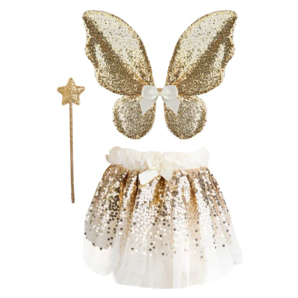 stock picture of girls gold sequin fairy dress up set with gold sequin wand, gold sequin wings and white tutu skirt with gold sequins