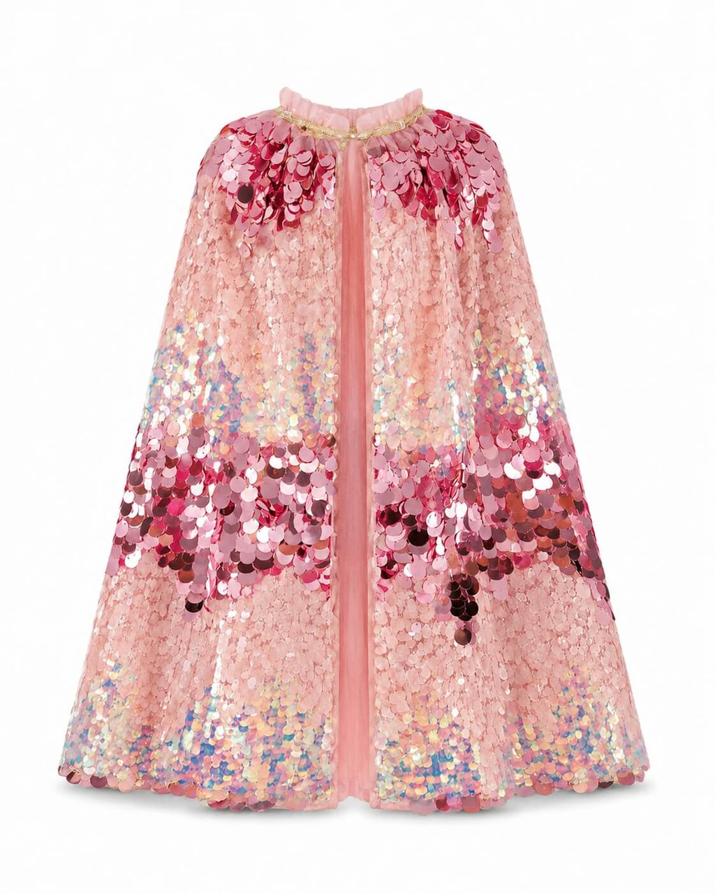 A pink sequined cape-style dress with a high neckline, featuring a gradient of sequins from light pink to darker magenta and multicolor iridescent tones, shown against a plain white background.