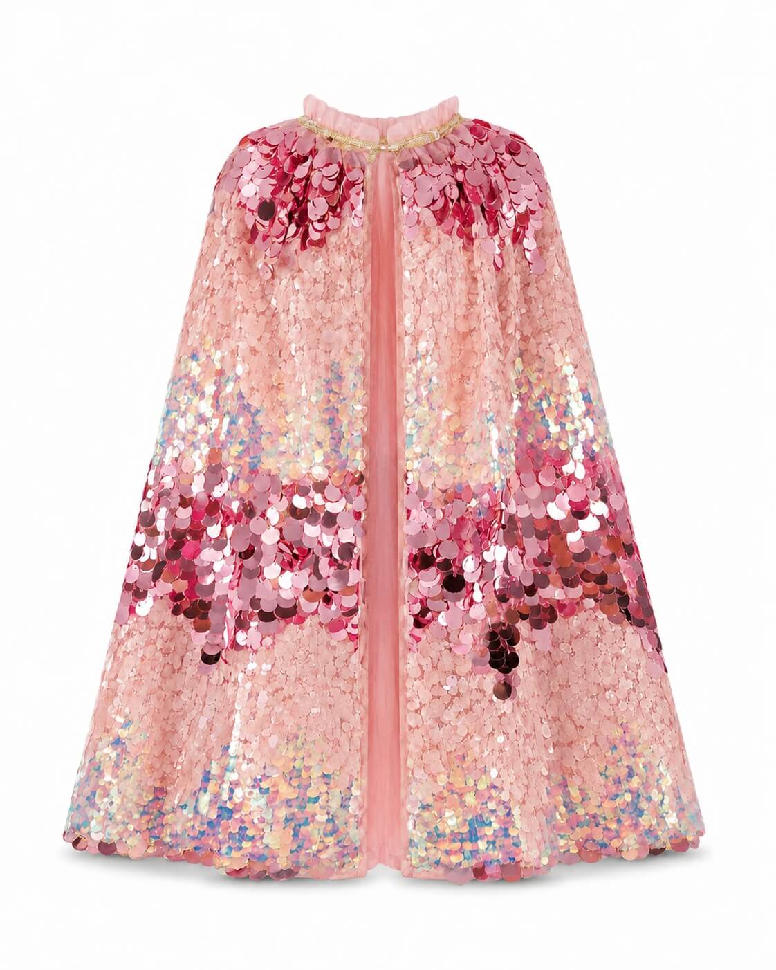 A pink sequined cape-style dress with a high neckline, featuring a gradient of sequins from light pink to darker magenta and multicolor iridescent tones, shown against a plain white background.
