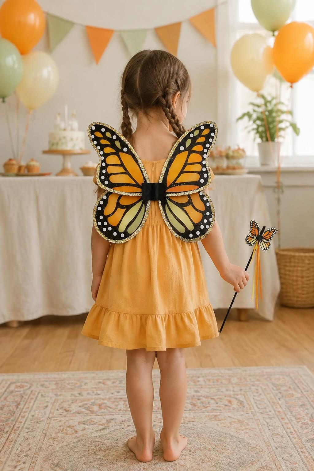 A young girl with braided hair stands barefoot on a patterned rug, viewed from behind, wearing a yellow dress and a large orange-and-black butterfly wing costume on her back. She holds a small butterfly wand in a decorated indoor room with balloons, bunting, and a birthday table in the background.