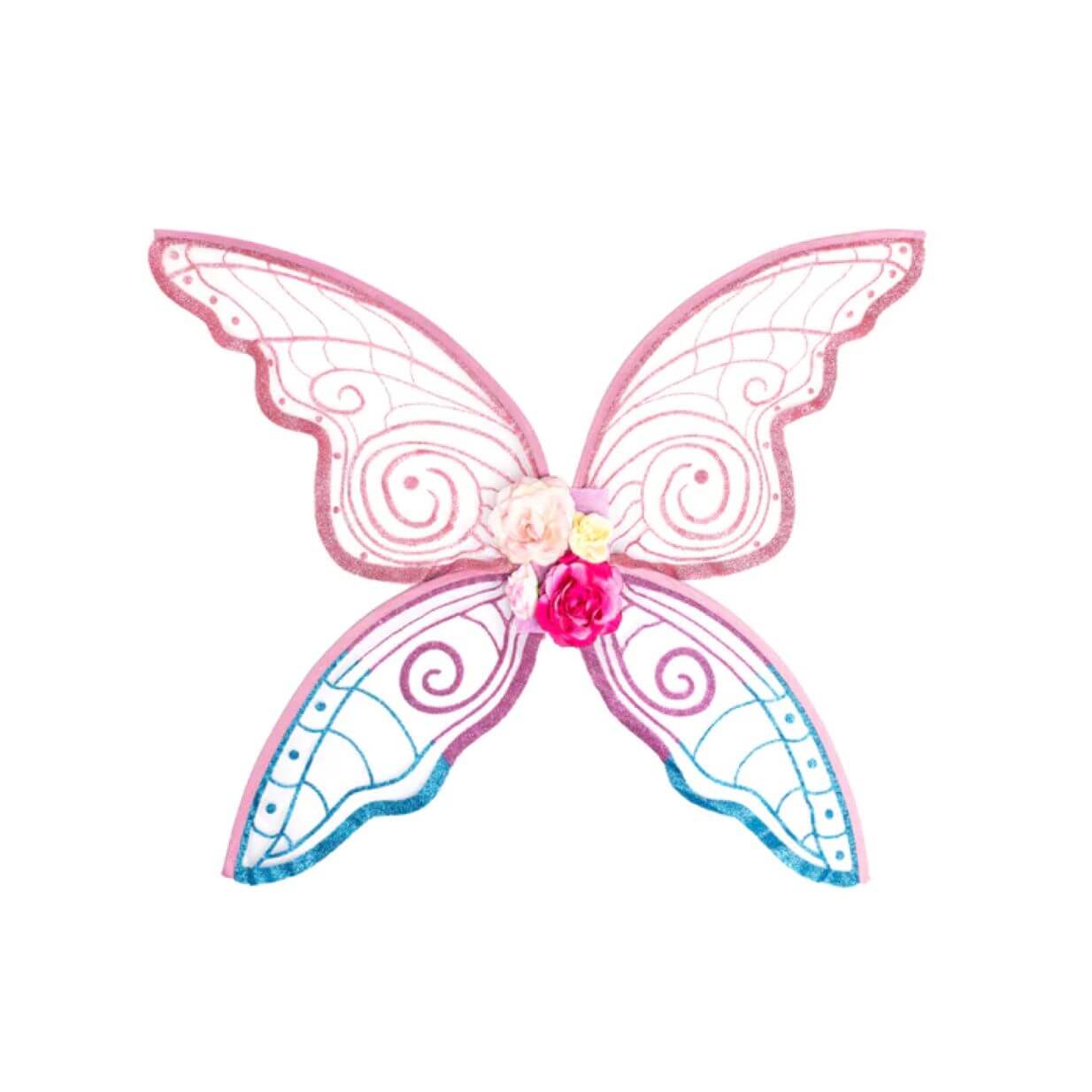 pink and blue glitter fairy wings styled like butterfly wings with pink fabric flower adornments