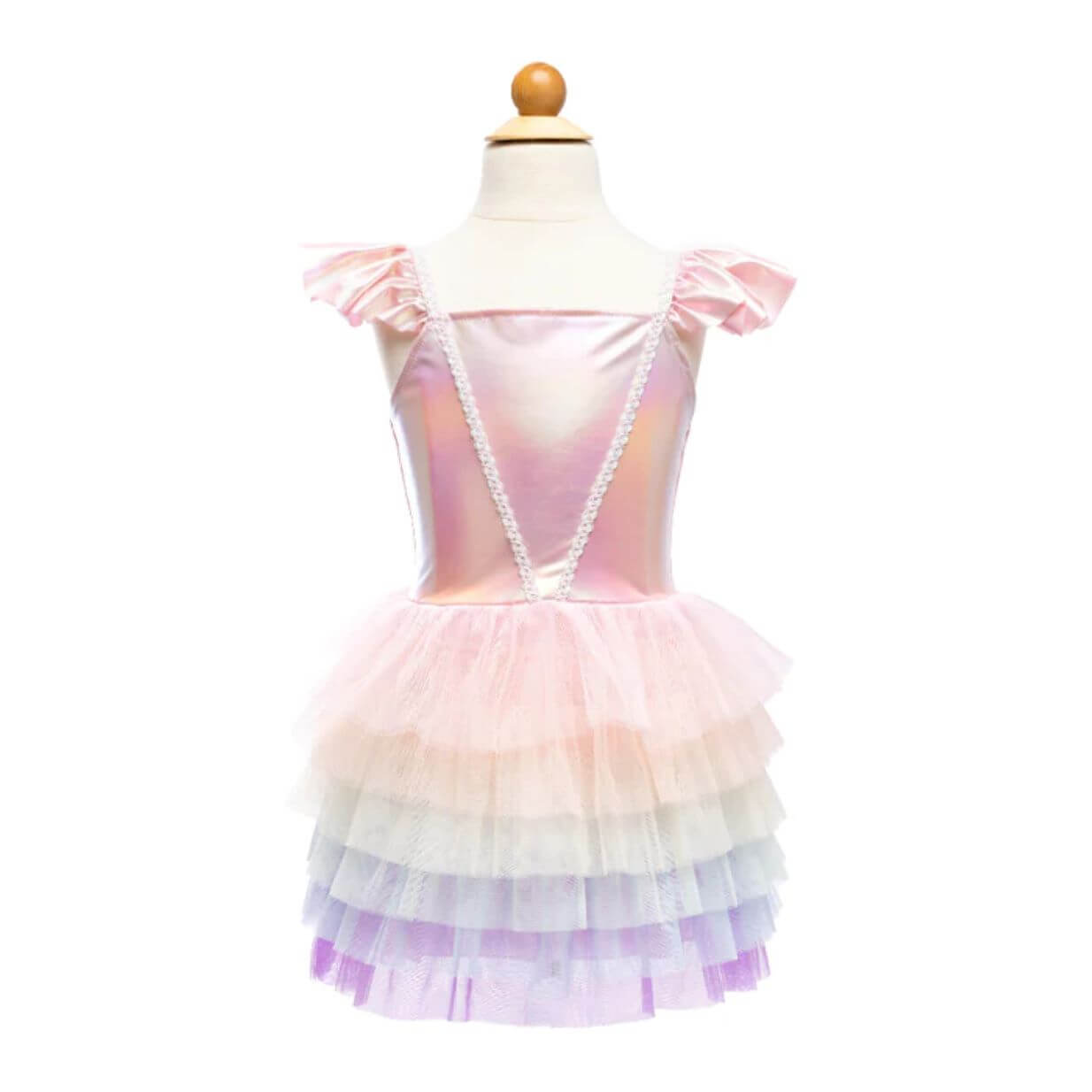 Girls dress with pink bodice top and layered tutu skirt in pastel rainbow colours