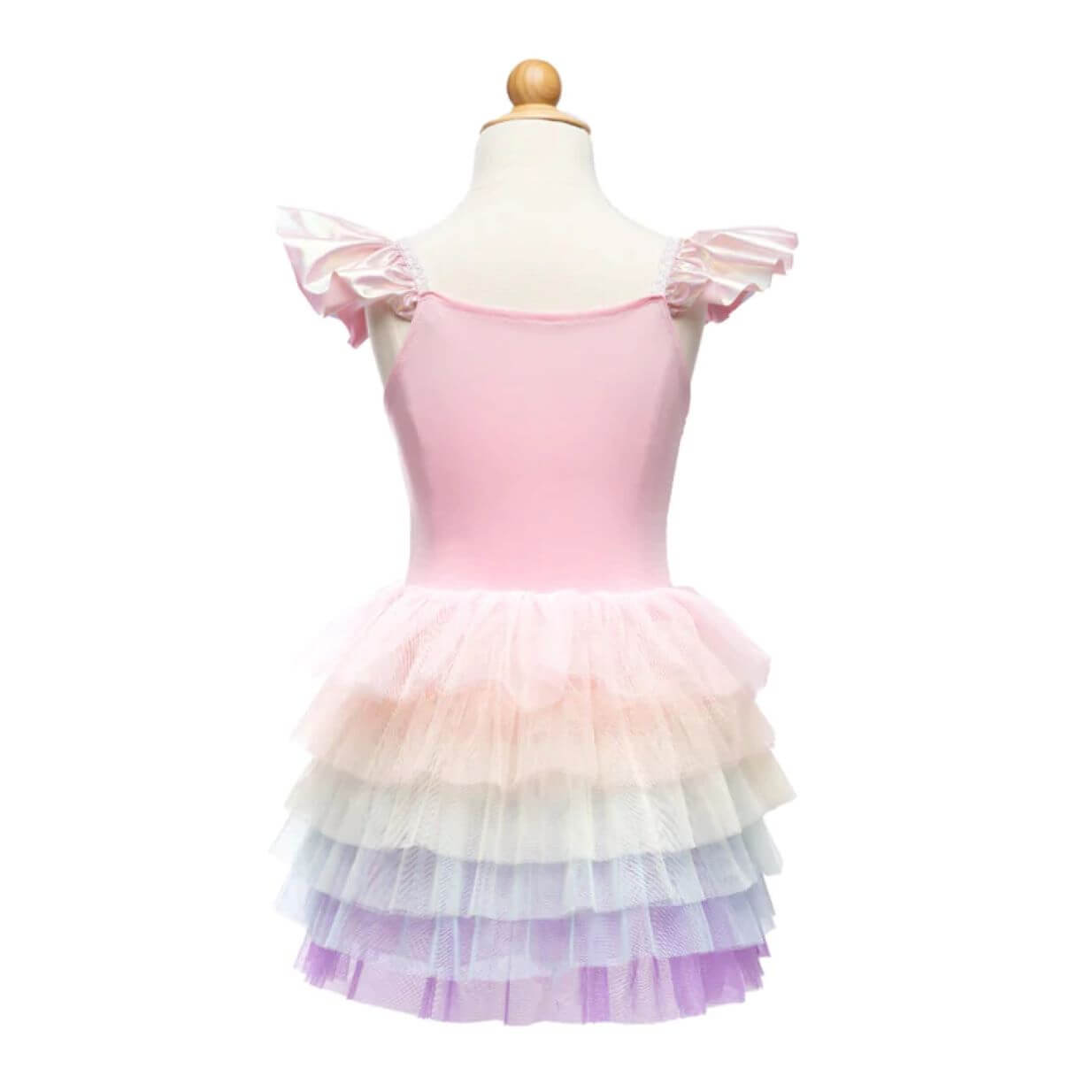 Girls dress with pink bodice top and layered tutu skirt in rainbow pastel colours