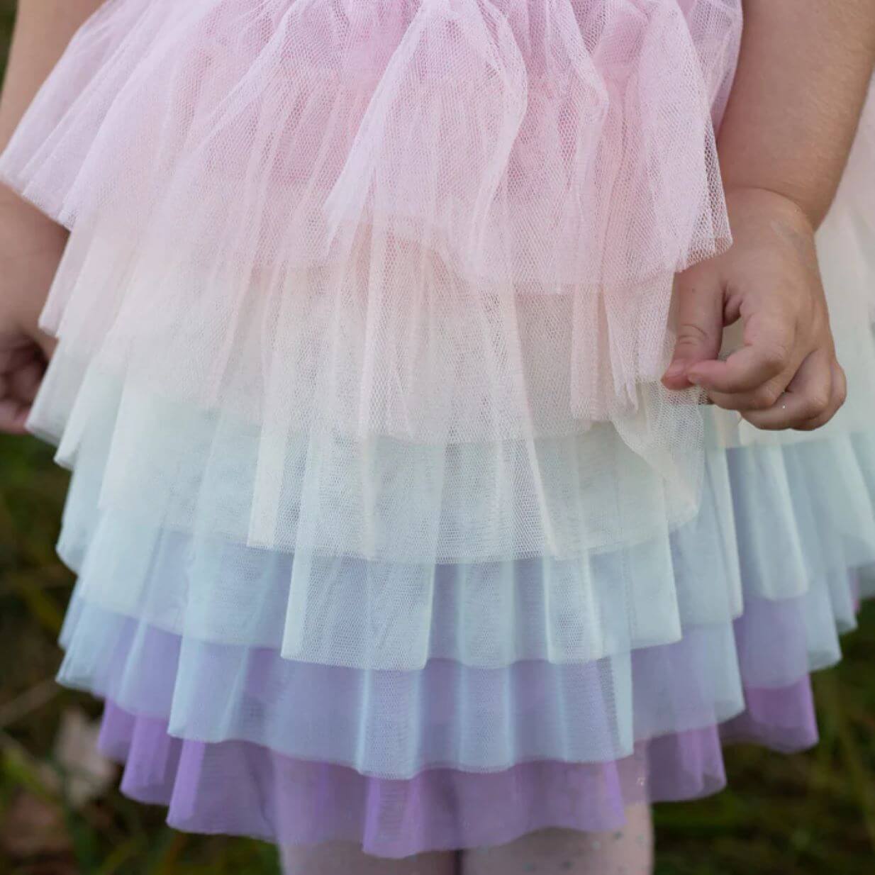 close up view of layered tutu tulle skirt with rainbow pastel colours