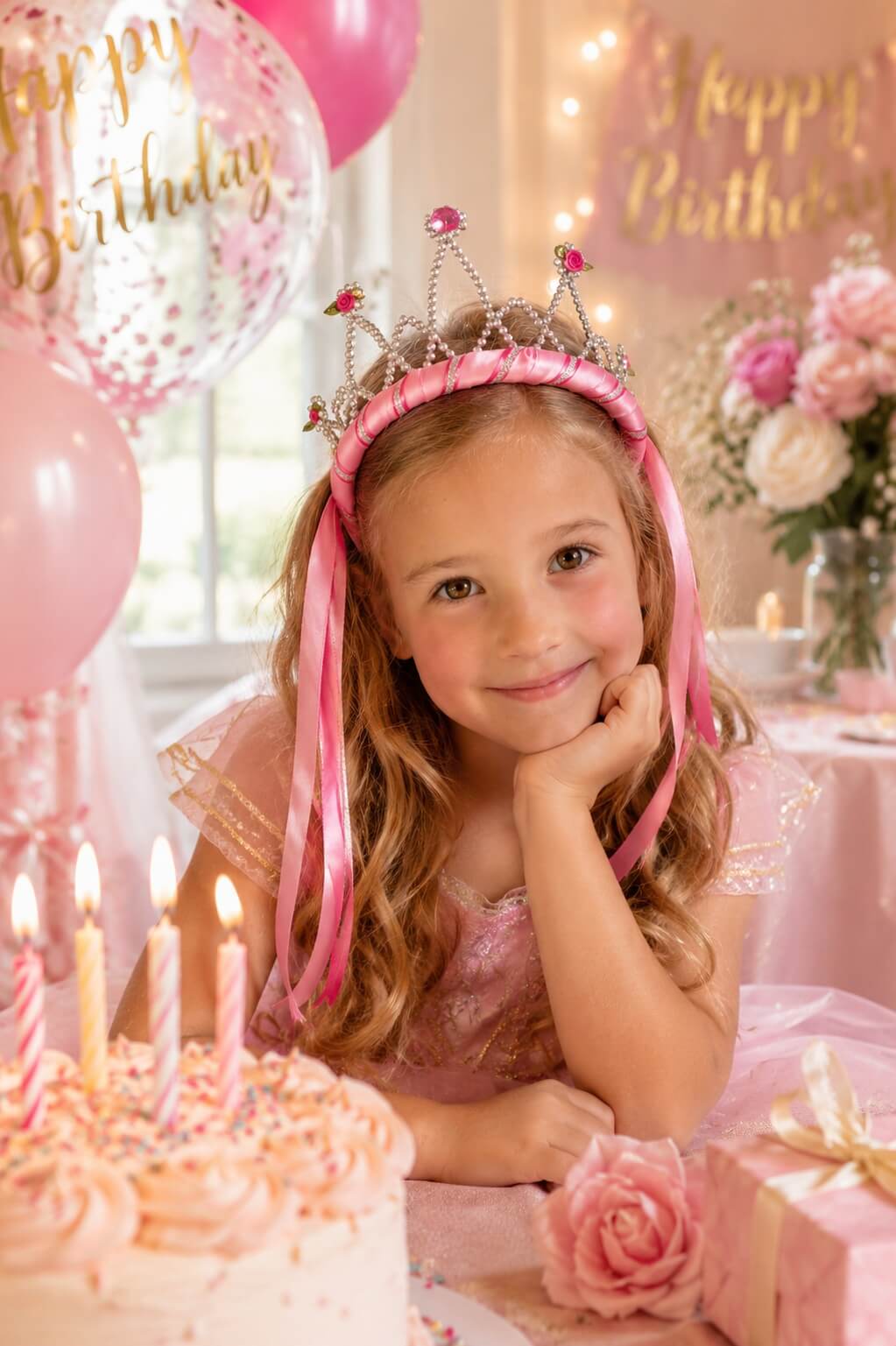 A young girl with long wavy blonde hair wearing a pink and silver tiara sits at a birthday table with a pink cake, balloons, and a 'Happy Birthday' banner in the background.
