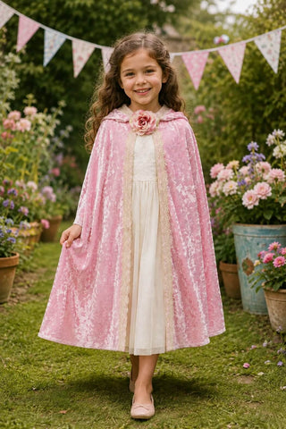 A young girl stands in a garden wearing a pink velvet cape with a floral rose detail at the neckline over a cream-colored dress. The background features green grass, potted pink flowers, and a string of bunting flags.