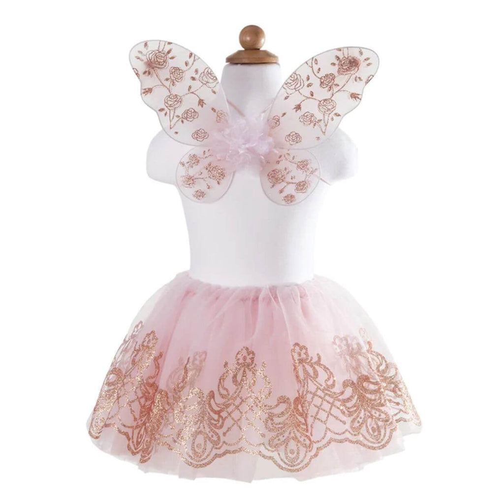 stock picture of pink glittered fairy wings and matching tulle pink skirt