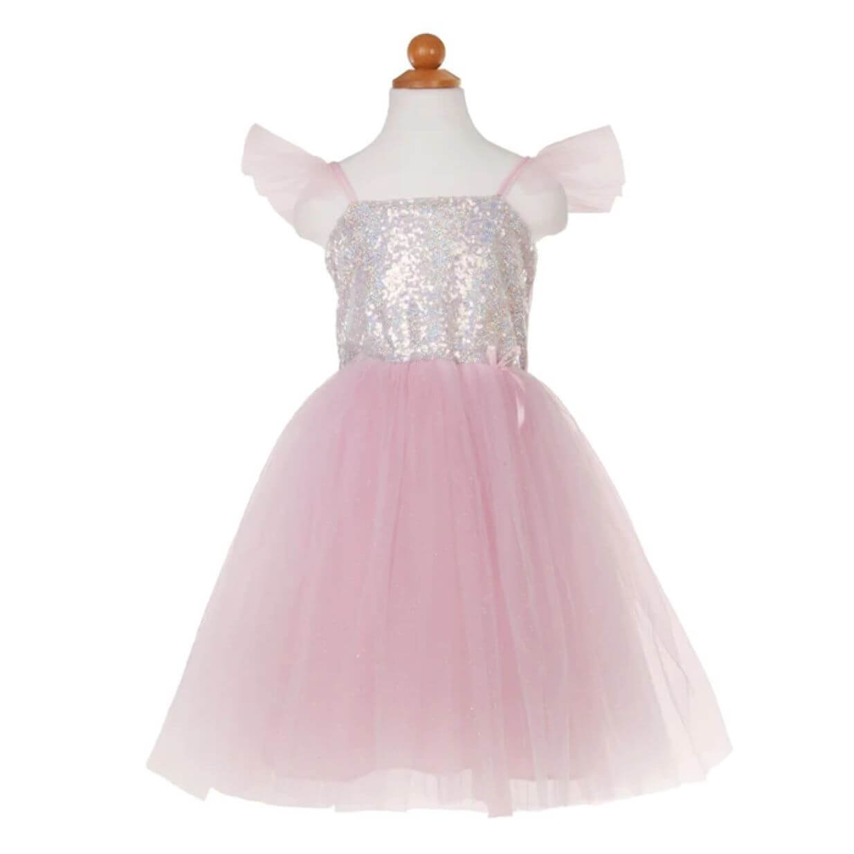 Pink girls party dress with sequinned bodice spaghetti straps and tulle short sleeve with shimmery tulle skirt