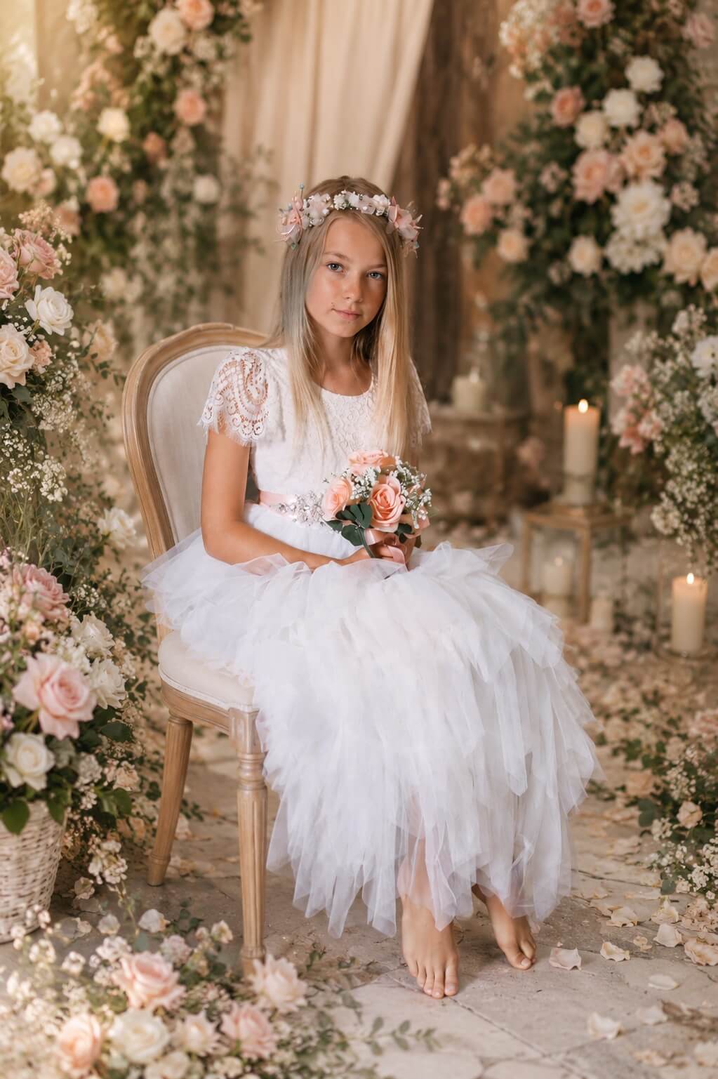 A young girl in a white lace and tulle dress sits barefoot on a wooden chair, holding a bouquet of pink and peach flowers, surrounded by a floral arch and candles.